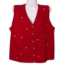 Embroidered Star Vest XL  Red Cotton Button Front Noelty Patriotic Americana